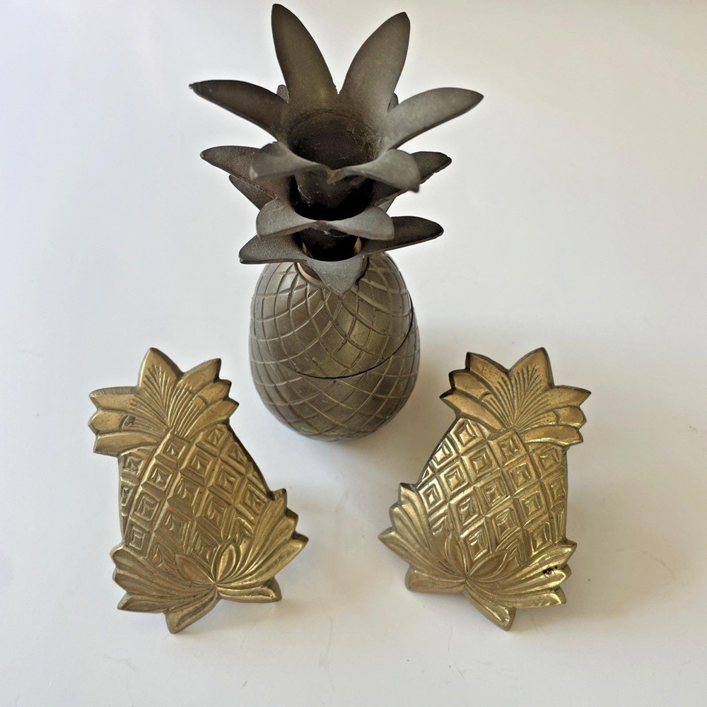 Brass Pineapple Decor Lot *(1) Trinket Box (2) Napkin‎ Rings Made in India